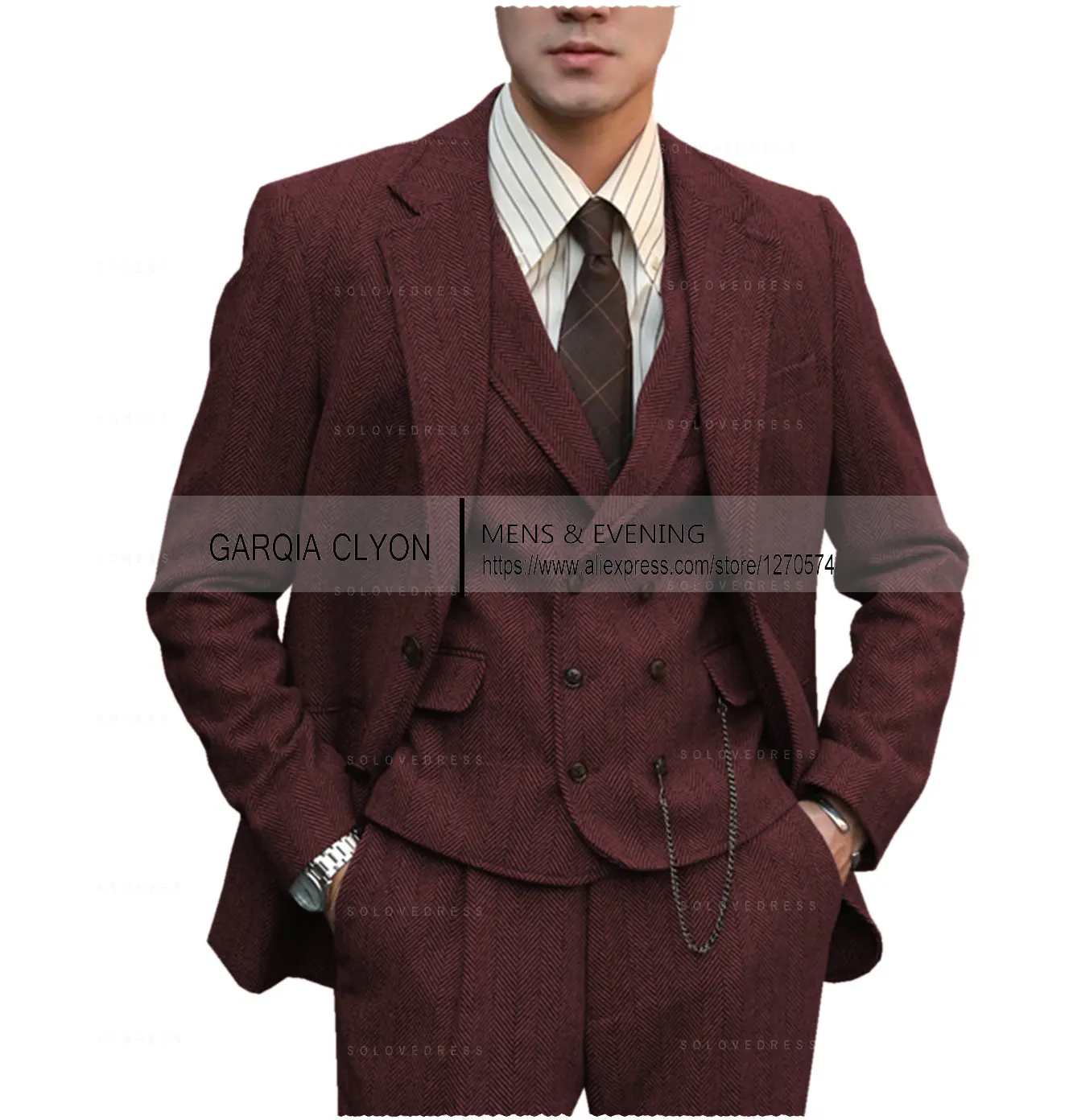 Color: GRAY, Size: One Size - Tweed Herringbone 3 Pieces Herringbone Men's Business Suits Single Breasted Slim Fit Groom  Formal Suits?€Blazer+vest+Pants?‰