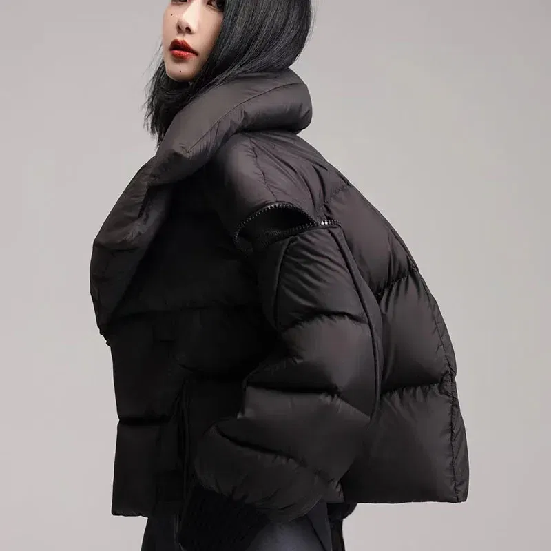 Color: black, Size: S - Overcoat 2025 New Fashion Women Down Jacket Winter White Duck Down High Quality Knitted Patchwork Lapel Women Down Jacket H132