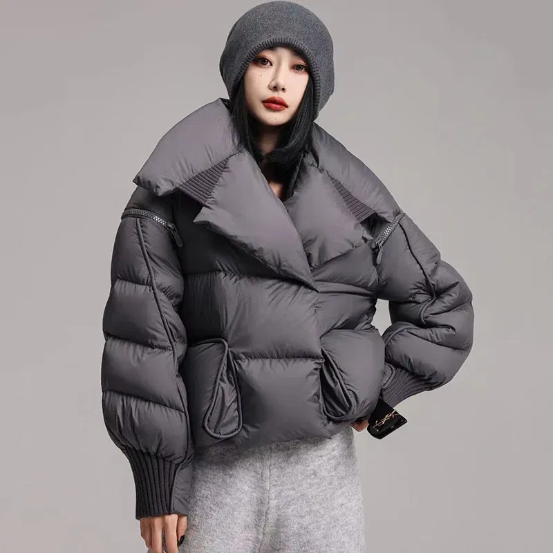 Color: black, Size: S - Overcoat 2025 New Fashion Women Down Jacket Winter White Duck Down High Quality Knitted Patchwork Lapel Women Down Jacket H132