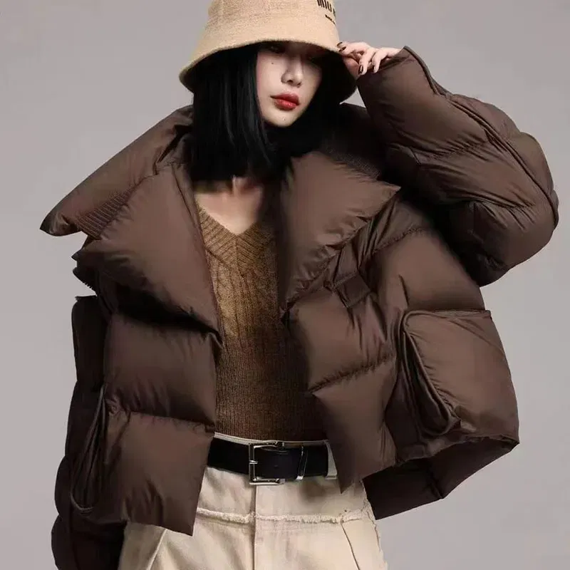 Color: black, Size: S - Overcoat 2025 New Fashion Women Down Jacket Winter White Duck Down High Quality Knitted Patchwork Lapel Women Down Jacket H132