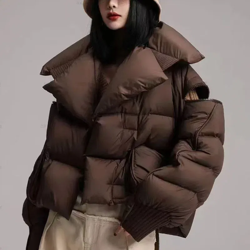 Color: black, Size: S - Overcoat 2025 New Fashion Women Down Jacket Winter White Duck Down High Quality Knitted Patchwork Lapel Women Down Jacket H132