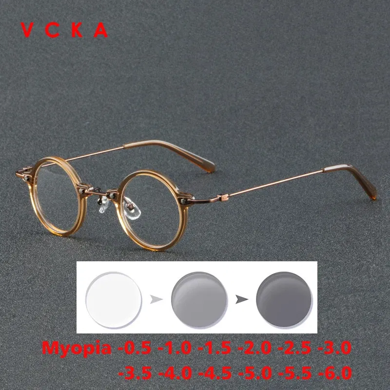 Frame Color: Yellow, Eye Prescription: +175 - VCKA Anti-blue Discolor Acetate+Titanium Myopia Glasses Frames Small Round Men Prescription Optical Women Eyewear -0.50 to -10.0