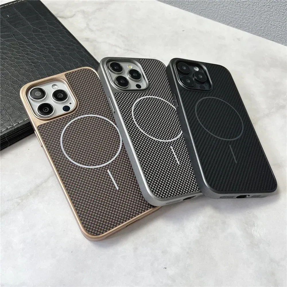 Color: Brown, Compatible-Phone Models: For iPhone 16 Plus - Carbon Fiber Textured Magnetic Phone Case For iPhone 16 Pro Max 15 14 13 12 Shockproof Soft Cover For Magsafe Wireless Charging