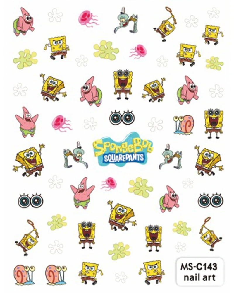 Color: Yellow - 1PCS Miniso Spongebob Cartoon Nail Stickers Nail Art Decoration Cute Hello Kitty Stitch Nail Art Stickers Nail Art Supplies