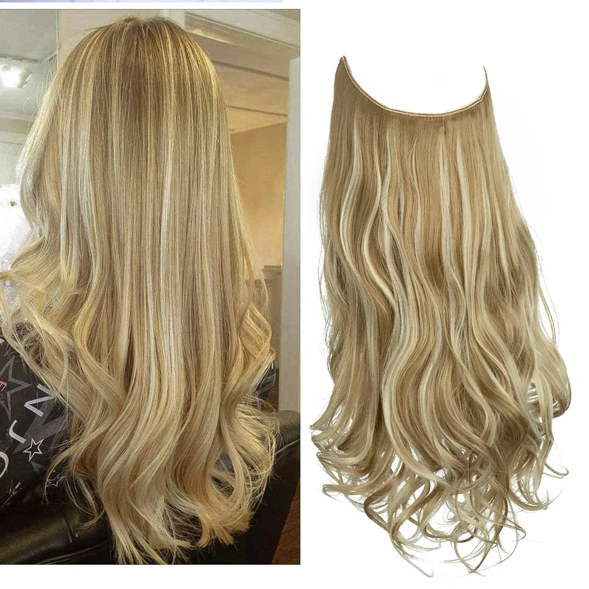 Color: T1B/350, Stretched Length: 14inches - Synthetic No Clip Wave Hair Extensions Ombre Natural Black Blonde Pink One Piece False Hairpiece Fish Line Fake Hair Piece