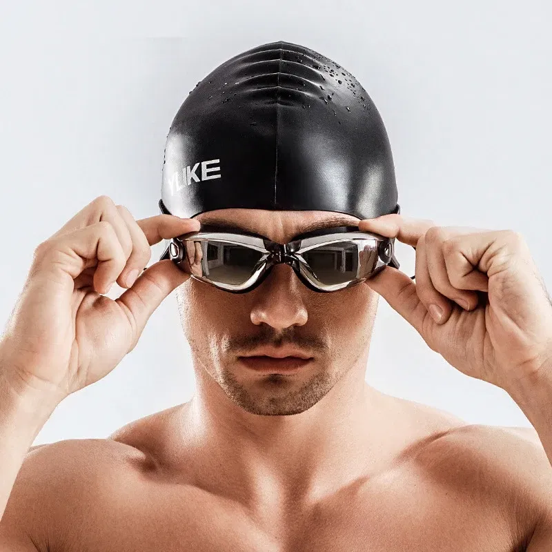 Color: Lavender, Size: 4XL - Men Swimming Shorts Waterproof Competition Swim Equipment Goggles with Ear-plug Cap Case Trunks Briefs Swimwear Half Pants 2022