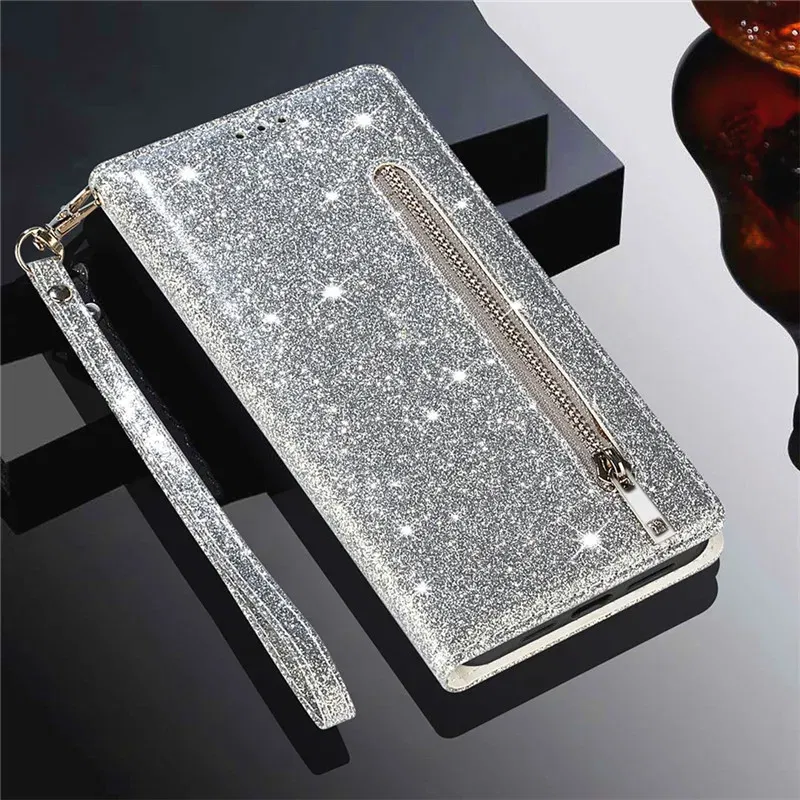 Color: Silver, Material: POLYESTER - Zipper Flip Wallet Glitter Leather Case for iPhone 16 15 14 13 12 11 Pro Max XS XR 8 7 Plus SE 2022 Mini Bling Stand Phone Cover