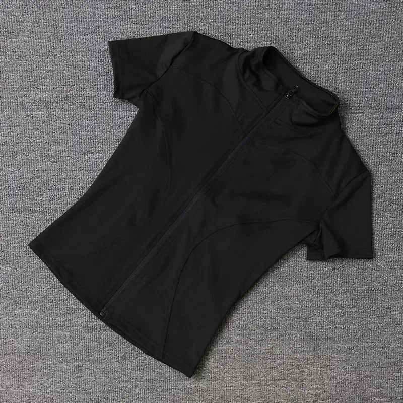 Color: Dark Grey, Size: S - Summer High Quality Waist Slimming Training Tops Women's Quick-drying Tight Stand Collar Full Zipper Short Sleeves Yoga shirts