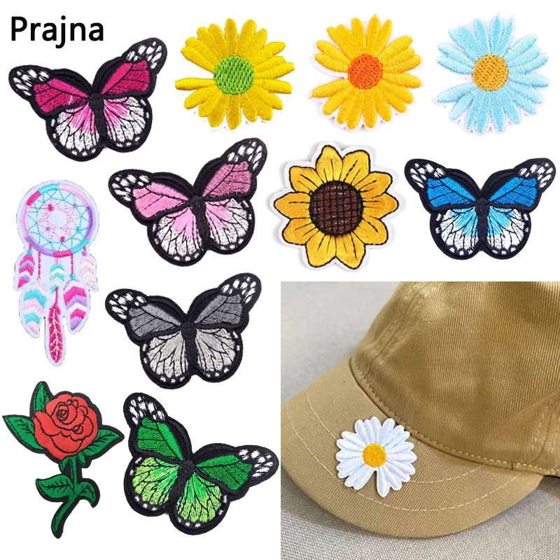 Color: Brown - Butterfly Daisy Embroidery Patches for Clothing Thermoadhesive Patches DIY Fusible Patch on Kids Clothes Sunflower Badges Sewing