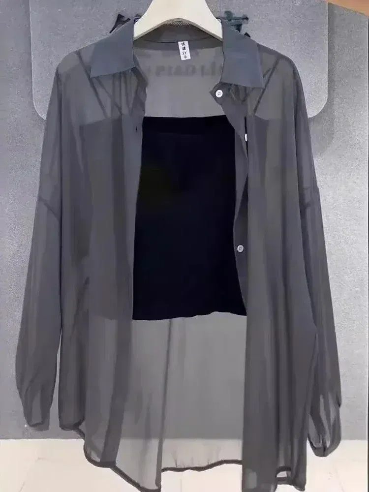 Size: 1XL, Color: Natural - Plus Size Women?™s Shirts 2025 Summer Breathable and Sun-Proof Ice Silk with Button Thin Loose Sheer Chiffon Blouses Long Sleeve