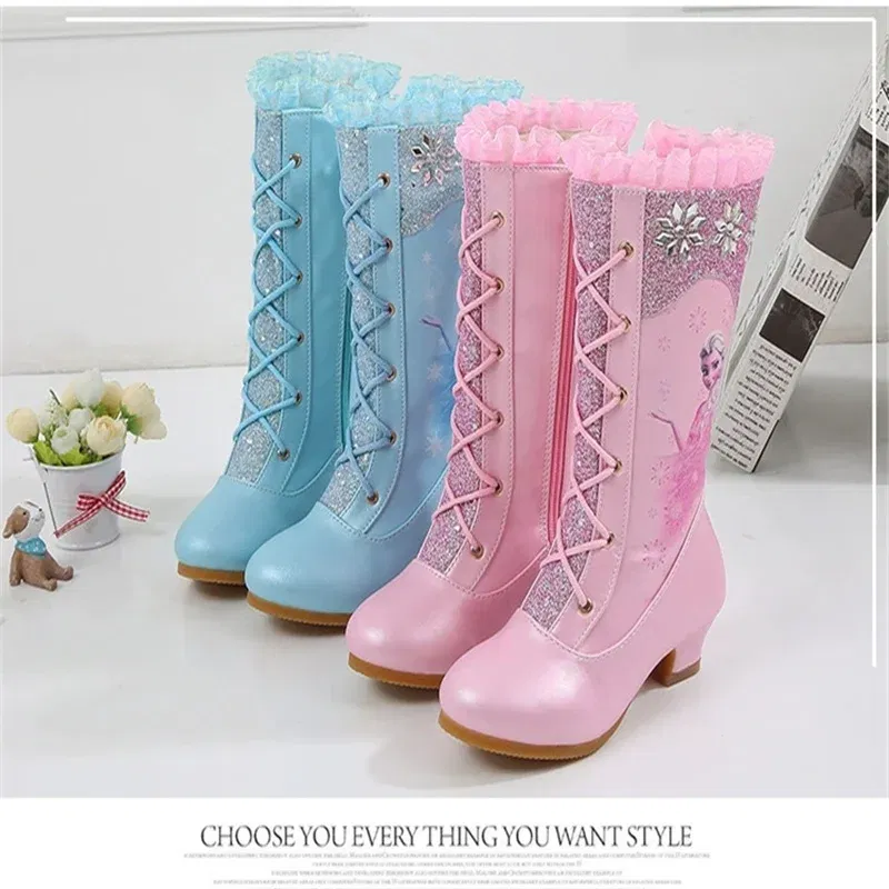 Color: Blue, Shoe Size: 17 - Disney Girls' Leather Boots Winter Frozen Boots Side Zipper High Plush Princess Elsa Boots Warm Children's Boots Size 27-37
