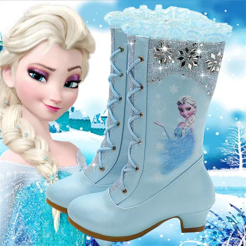 Color: Blue, Shoe Size: 17 - Disney Girls' Leather Boots Winter Frozen Boots Side Zipper High Plush Princess Elsa Boots Warm Children's Boots Size 27-37