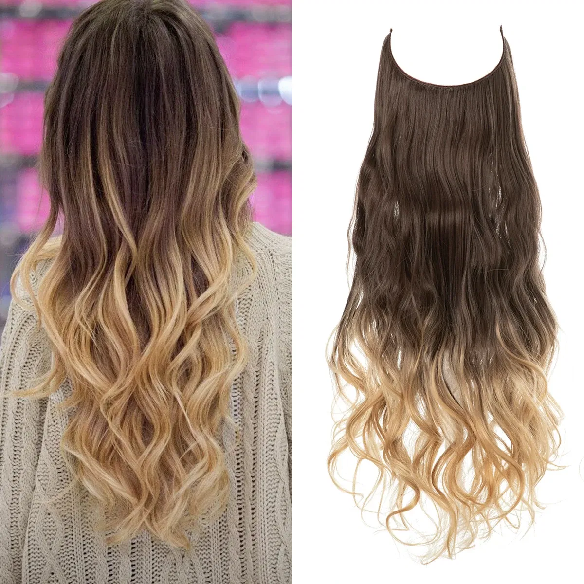 Color: T27/30/4, Stretched Length: 16inches - Synthetic No Clip Wave Hair Extensions Ombre Natural Black Blonde Pink One Piece False Hairpiece Fish Line Fake Hair Piece