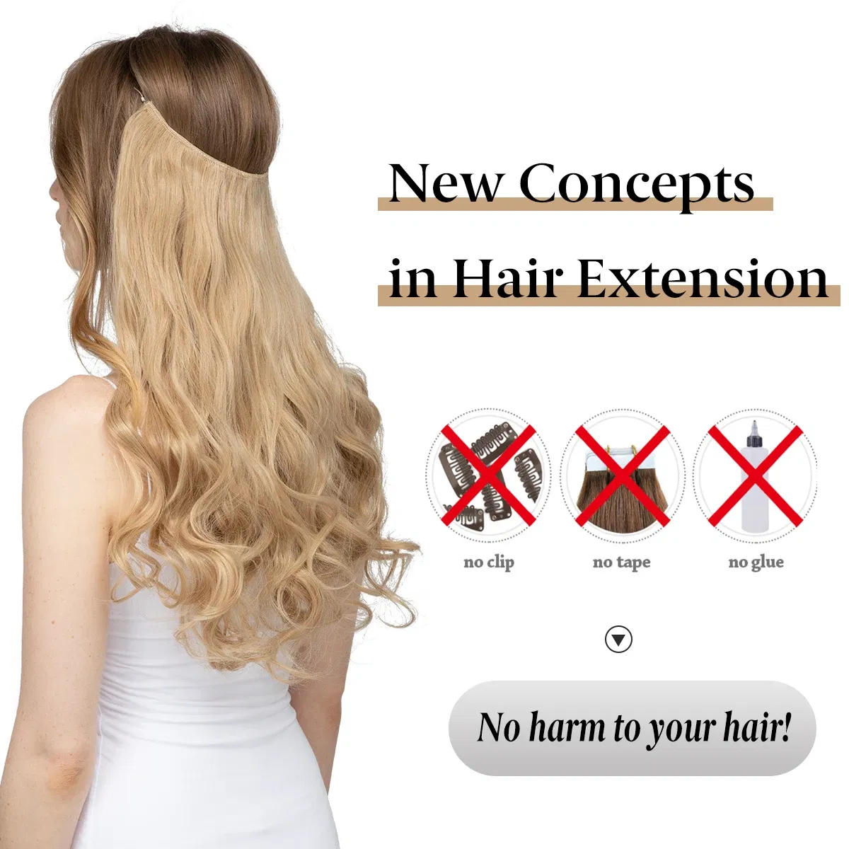 Color: T27/30/4, Stretched Length: 16inches - Synthetic No Clip Wave Hair Extensions Ombre Natural Black Blonde Pink One Piece False Hairpiece Fish Line Fake Hair Piece