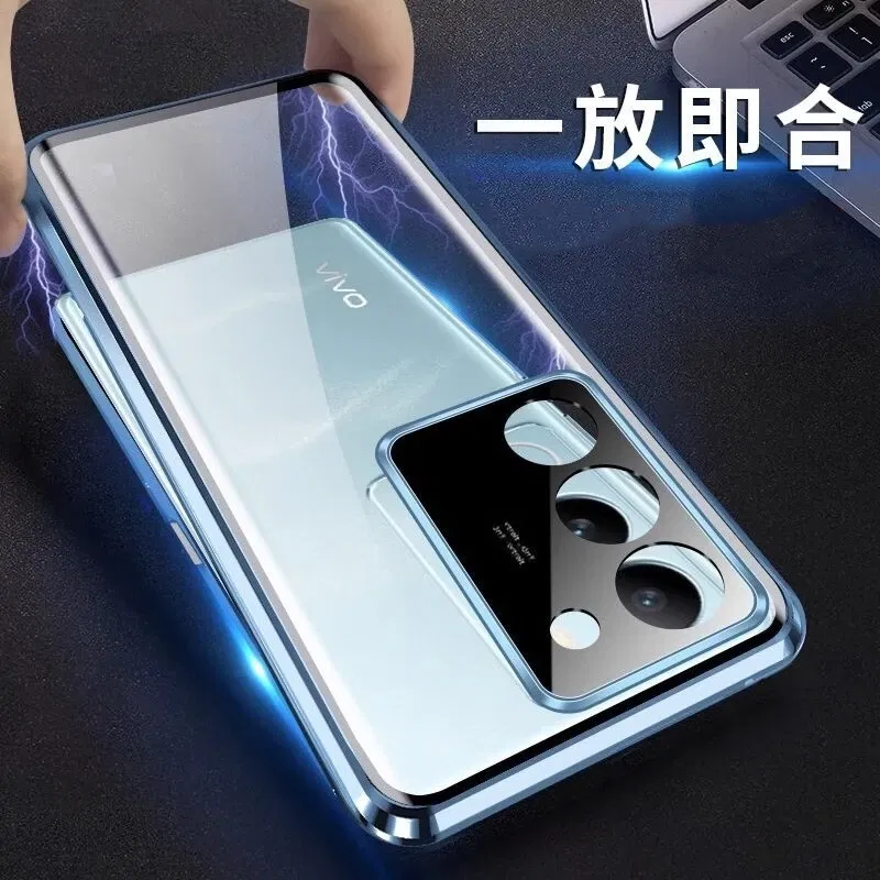 Color: green, Material: CANVAS - 360 Full Case For Vivo V29 5G V27 Pro V27E V25 V23 Double Sided Magnetic Adsorption Metal Capa Tempering Glass Clear Phone Cover