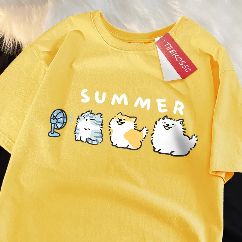 Color: Pink, Size: XL - Cats And Dogs Blowing Fans Print T Shirts Men Women Cute Crewneck Clothes Loose Summer T-Shirts Fashion Cotton Short Sleeve