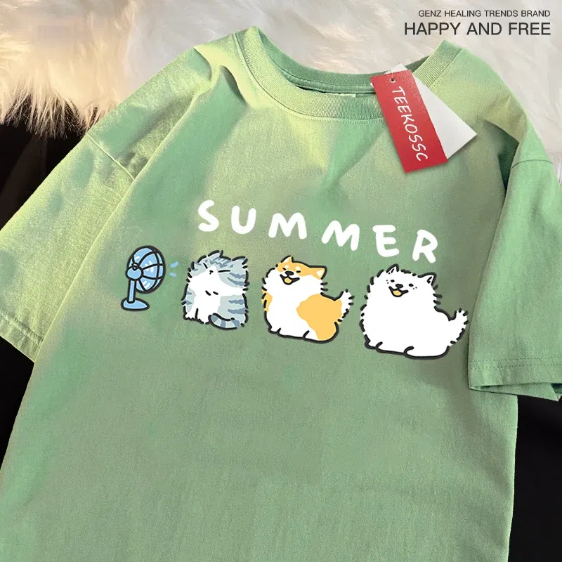Color: Pink, Size: XL - Cats And Dogs Blowing Fans Print T Shirts Men Women Cute Crewneck Clothes Loose Summer T-Shirts Fashion Cotton Short Sleeve