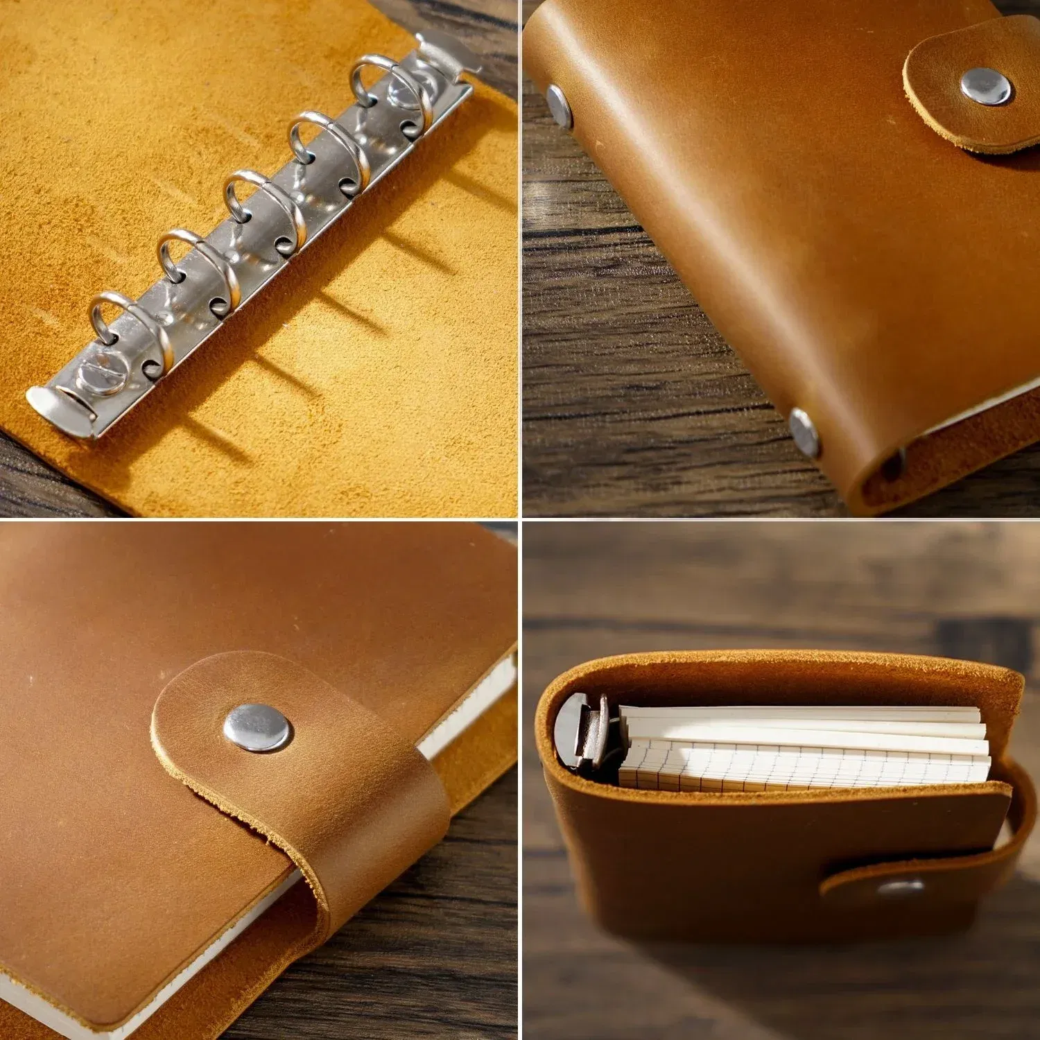 Color: green - Genuine Leather A8 Size Ring Planner Cowhide 5-hole Rings Mini Notebook with 15 MM silver Rings Retro Organizer Diary Notepad