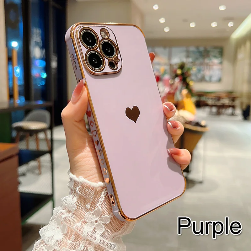 Color: Orange, Ships From: CN, Material: ABS - Electroplating Side Love Heart Phone Case For IPhone 16 15 14 13 12 11 Pro Max XR 8 Plus SE2/SE3 Shockproof Back Cover