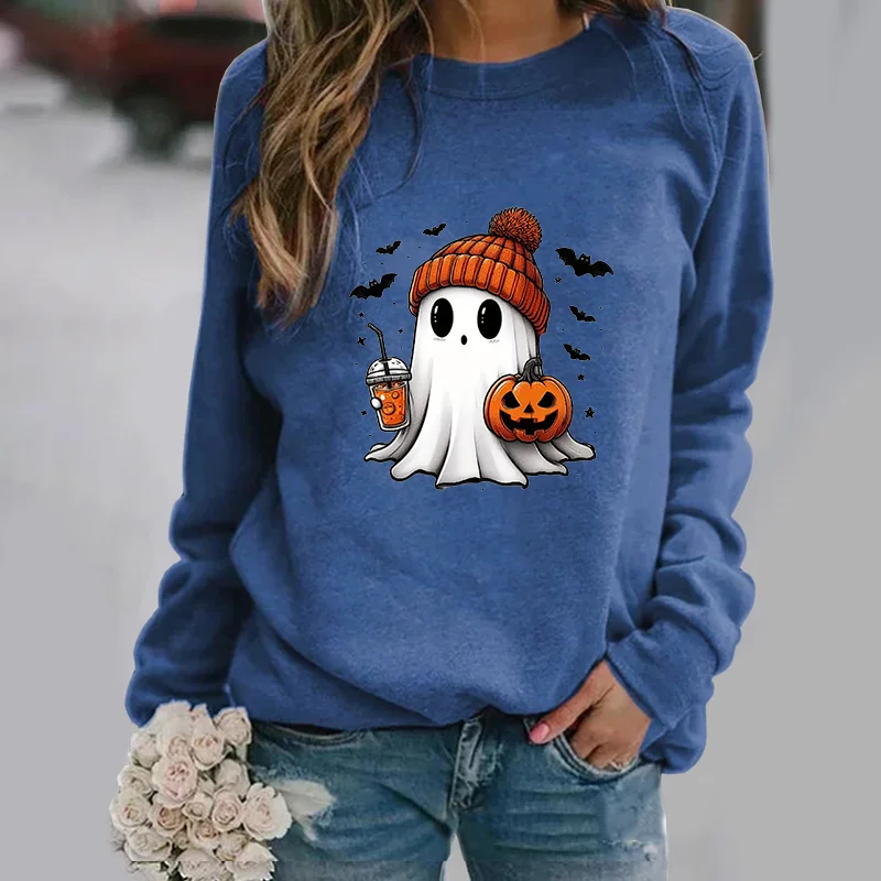 Color: Blue, Size: XL - Cute Ghost Pattern Sweater Women's Casual Halloween Ghost Harajuku Pullover Fall Women's Tops