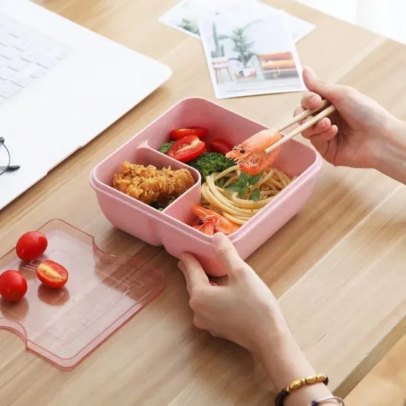 Color: Orange - 850/1100ML wheat straw lunch box bento box Microwave oven Students with lid canteen simple lunch box rectangular portable