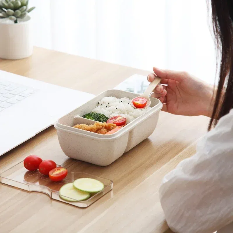 Color: Orange - 850/1100ML wheat straw lunch box bento box Microwave oven Students with lid canteen simple lunch box rectangular portable