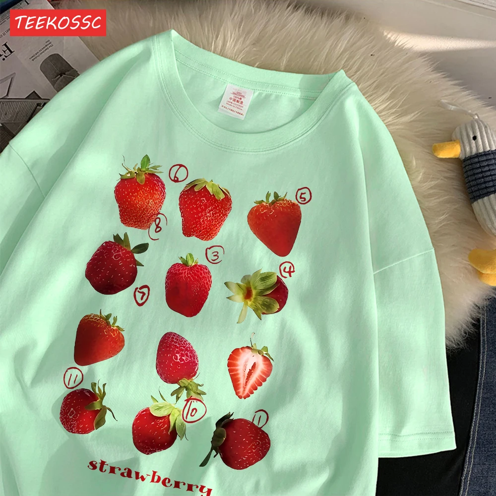 Color: Cyan, Size: XL - 100% Cotton Women T-shirt Cute Fresh Strawberries Printed Tee Shirt Summer Comfortable Loose Tops Street Fashion Female Clothes