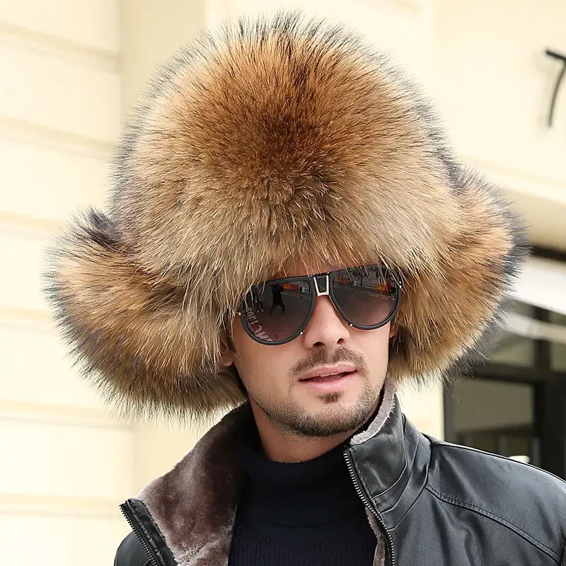 Color: green, Hat Size: One Size - Real Fur 100% Fox Skin Russian Businessmen Pilot Bombers Full Mao Men's hat Ushanka Winter Ear Guard Hat Raccoon Fur Beanie hat
