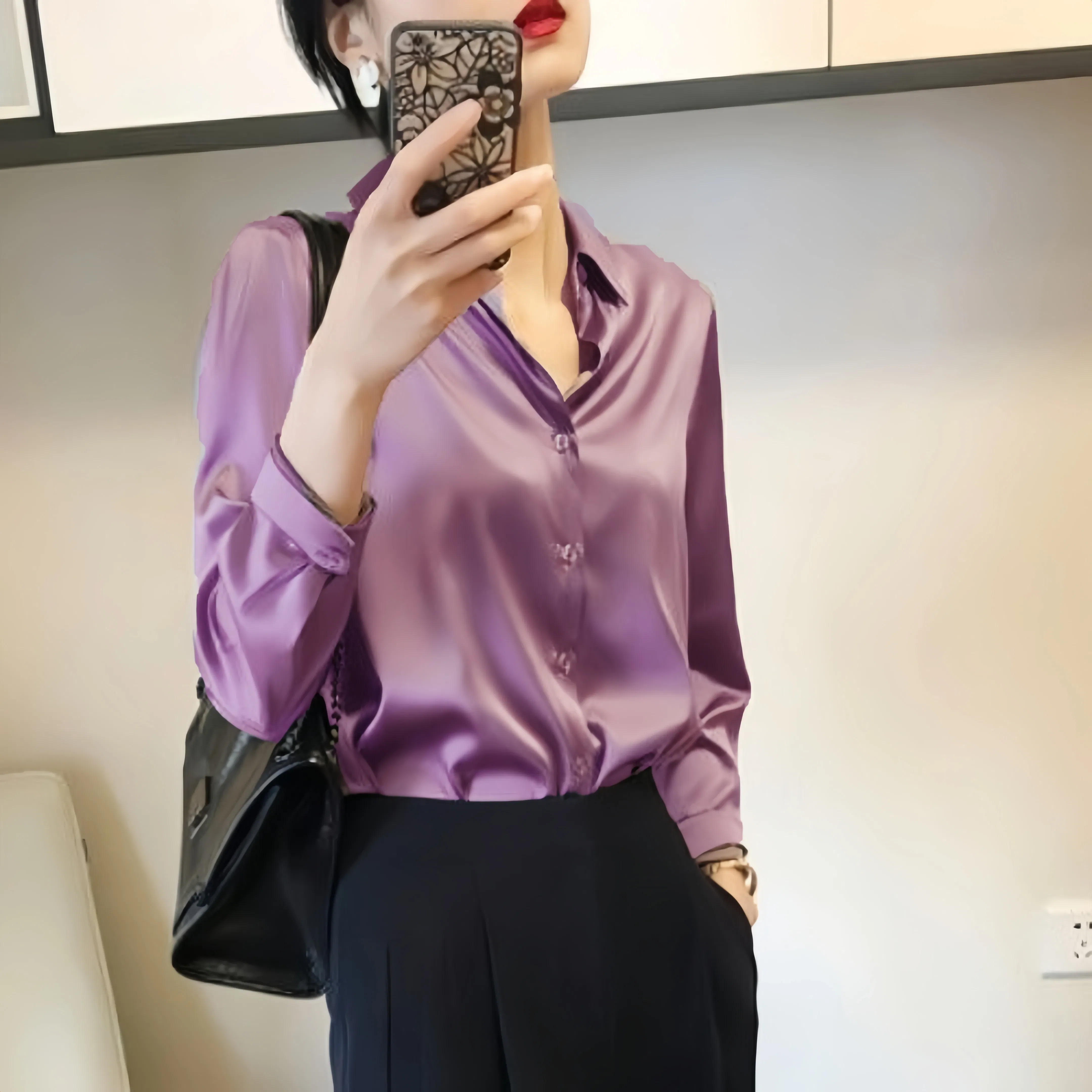 Color: PURPLE, Size: 4XL - All-match Satin Finish Shirts And Blouses Women Clothing Casual Top OL Long Sleeve Button Elegant Shirts French Solid Blouses