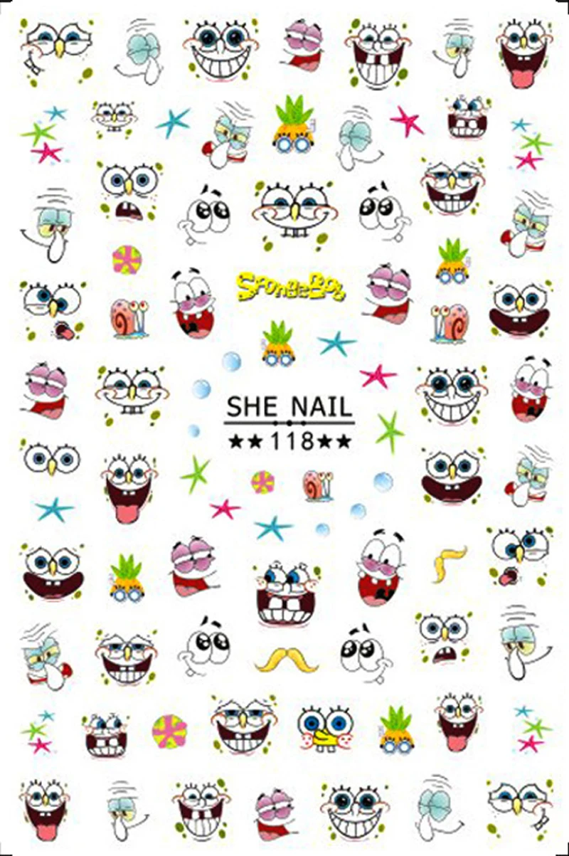 Color: transparent - 1PCS Miniso Spongebob Cartoon Nail Stickers Nail Art Decoration Cute Hello Kitty Stitch Nail Art Stickers Nail Art Supplies