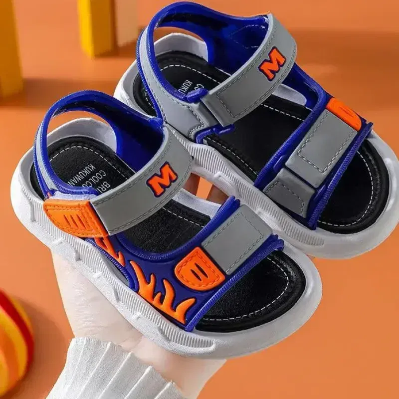 Color: Beige, Shoe Size: 32 - Baby Sandals Flame Pattern Boy Sandals Soft Sole Anti-slip Boys Girls Children Shoes