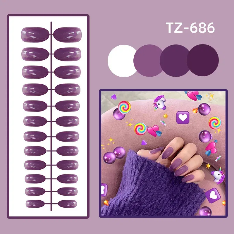 Color: light pink - 24Pcs/Set Long Round Head Bright Solid Color Press On Acrylic Nail Art Fake Nails Finished Wearing Manicure Reusable False Nails