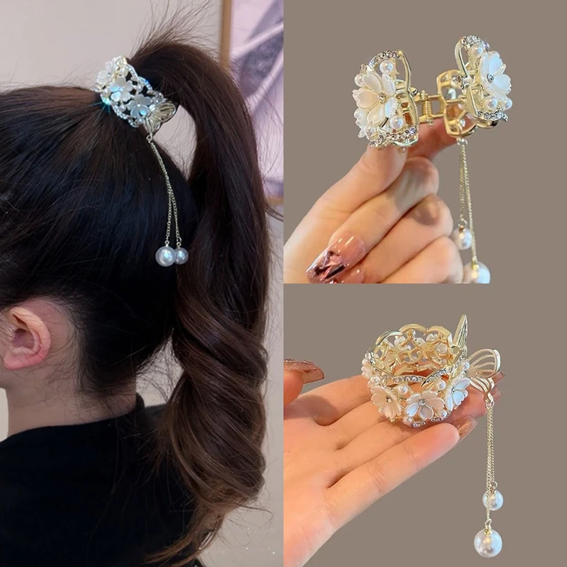 Color: Red - Fashion Rhinestone Tassel Pearl Hair Claws Flowers Hair Clip Women Barrettes Ponytail Holder Hairpins Hair Accessories Gifts