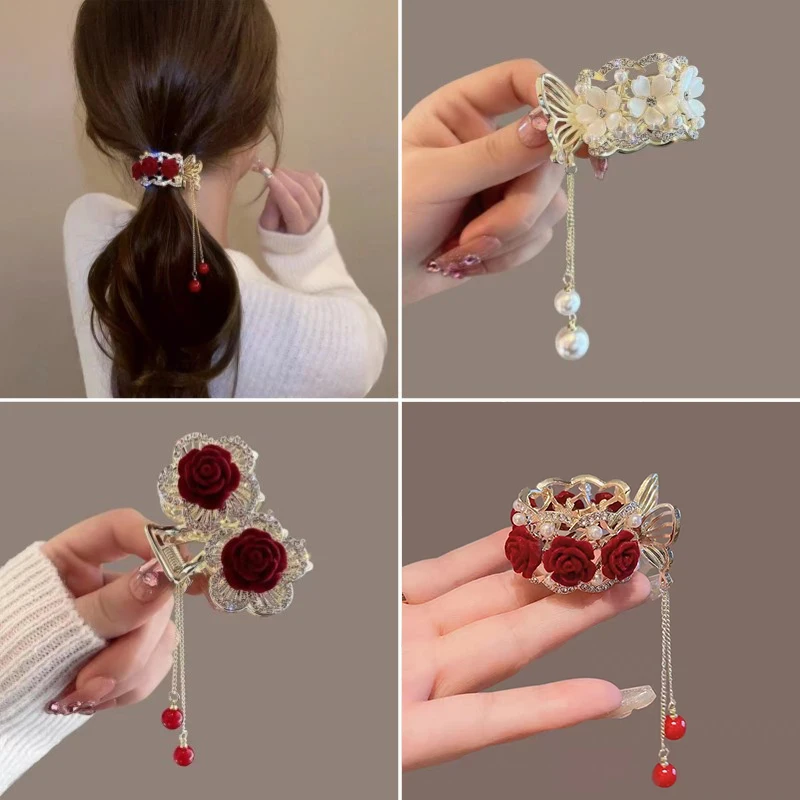 Color: Red - Fashion Rhinestone Tassel Pearl Hair Claws Flowers Hair Clip Women Barrettes Ponytail Holder Hairpins Hair Accessories Gifts