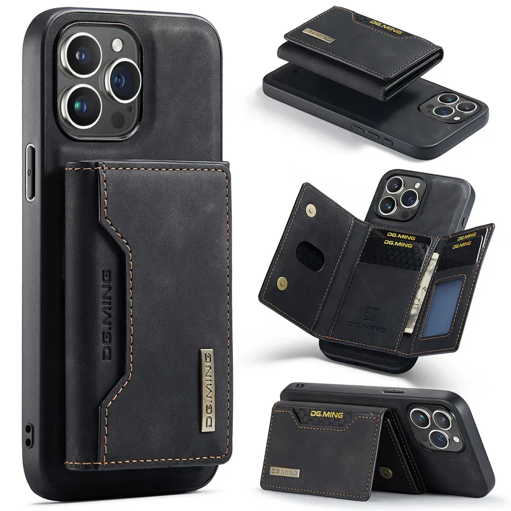 Color: black, Material: Wood - 2 In 1 Case For iPhone 16 15 14 13 12 11 Pro Max Plus XS Max XR 8 Plus SE 2022 Wallet Magnetic Leather Card Holder Pocket Cover