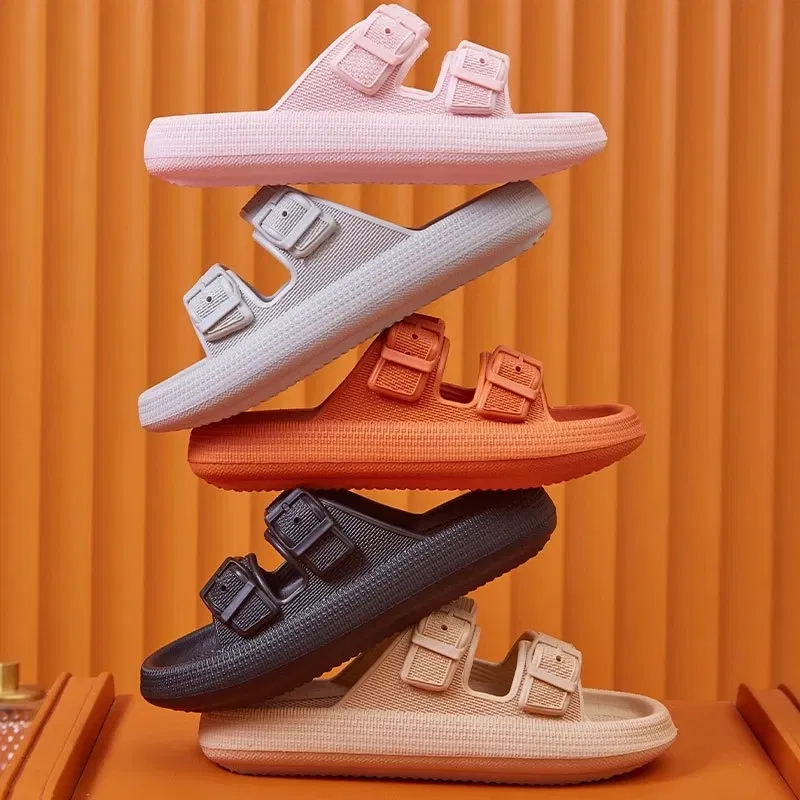 Color: Chocolate, Shoe Size: 4 - Fashion Buckle Thick Platform Slippers Women Home Soft Sole eva Cloud Slides Sandals Woman 2023 Summer Non Slip Beach Flip Flops