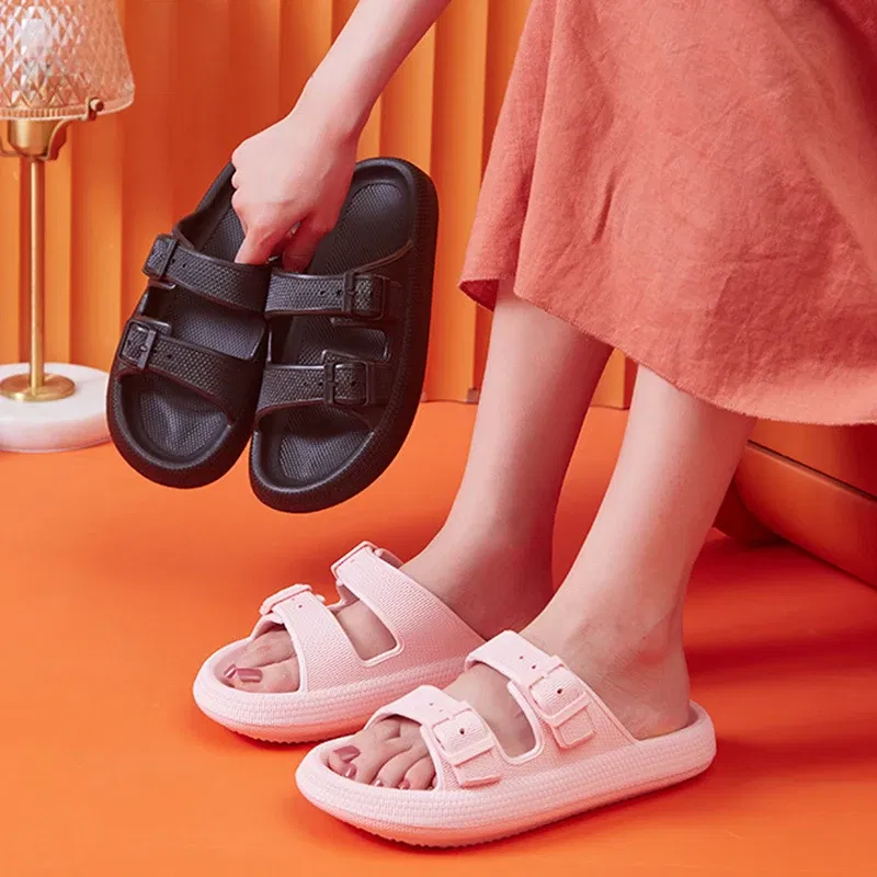 Color: Chocolate, Shoe Size: 4 - Fashion Buckle Thick Platform Slippers Women Home Soft Sole eva Cloud Slides Sandals Woman 2023 Summer Non Slip Beach Flip Flops