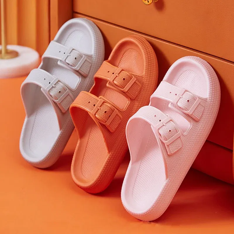 Color: Chocolate, Shoe Size: 4 - Fashion Buckle Thick Platform Slippers Women Home Soft Sole eva Cloud Slides Sandals Woman 2023 Summer Non Slip Beach Flip Flops