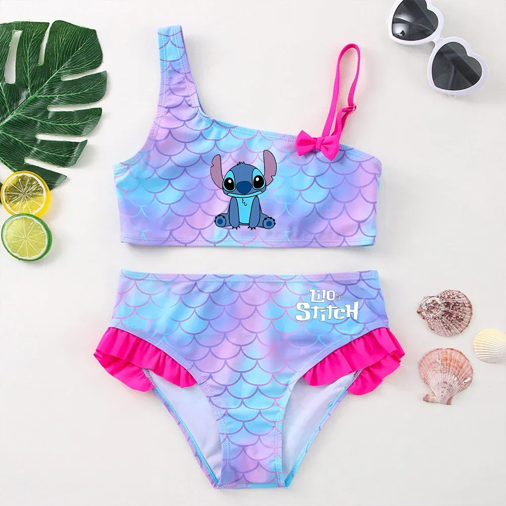 Color: Lavender, Size: XS - Lilo Stitch Girls Swimsuit One-Piece Bathing Suits Kids Wear Fashion Mermaid Fish Children's Dresses Summer Swimwear Beach Suit