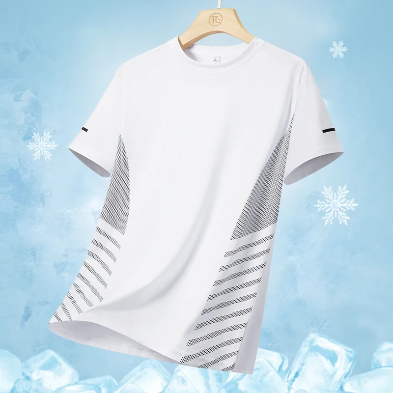 Color: Gold, Size: M - Men's Silk Ice Round Collar T-shirt, Simple Running Fitness Suit, Breathable Thin T-shirt, Quick Dry T-shirt, Summer