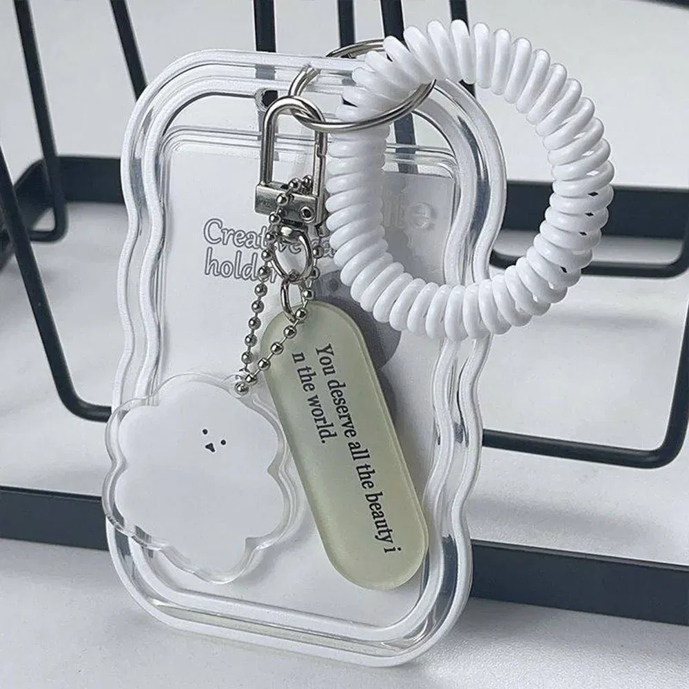 Color: WHITE - INS Transparent Photocard Holder with Spring Keychain Idol Photo Protective Case 3 Inch Photo Card Holder Student ID Card Cover