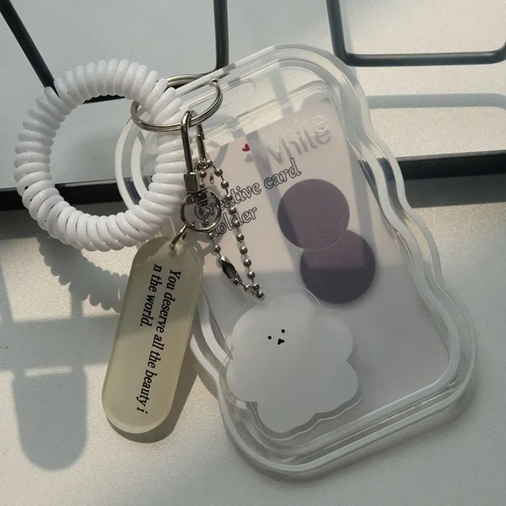 Color: WHITE - INS Transparent Photocard Holder with Spring Keychain Idol Photo Protective Case 3 Inch Photo Card Holder Student ID Card Cover