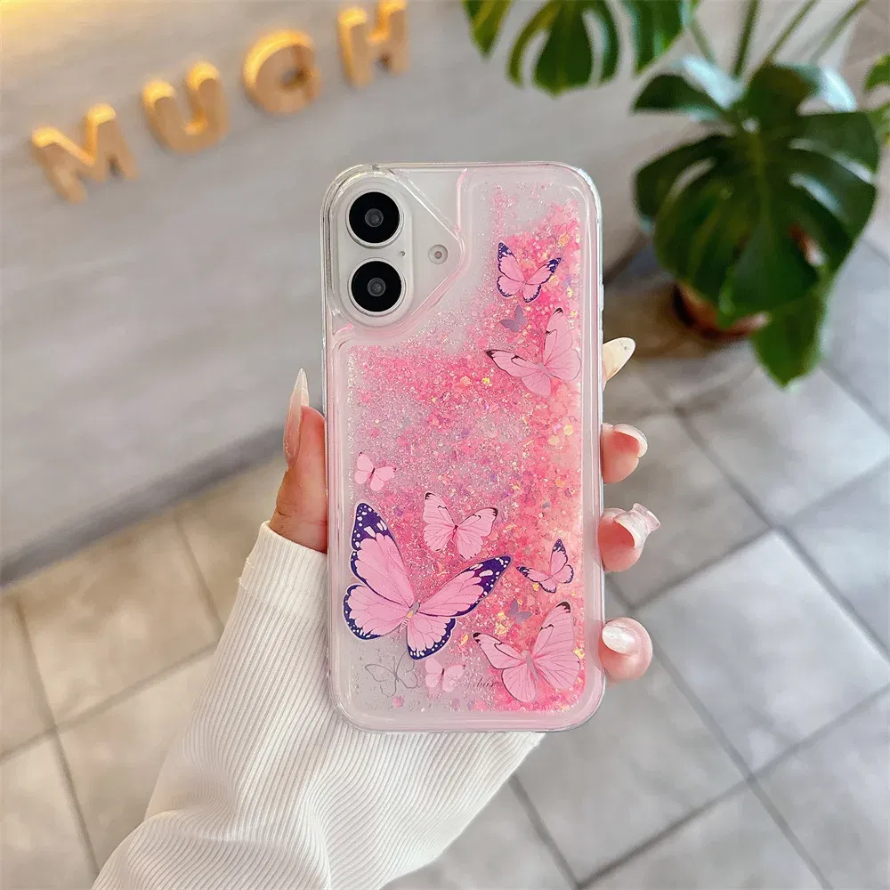 Color: Pink, Material: Silicon - Luminous Quicksand Glitter Butterfly Case for iPhone 16 15 14 Pro Max Plus 13 12 Mini 11 X Xs XR Soft Silicone Bling Shiny Cover