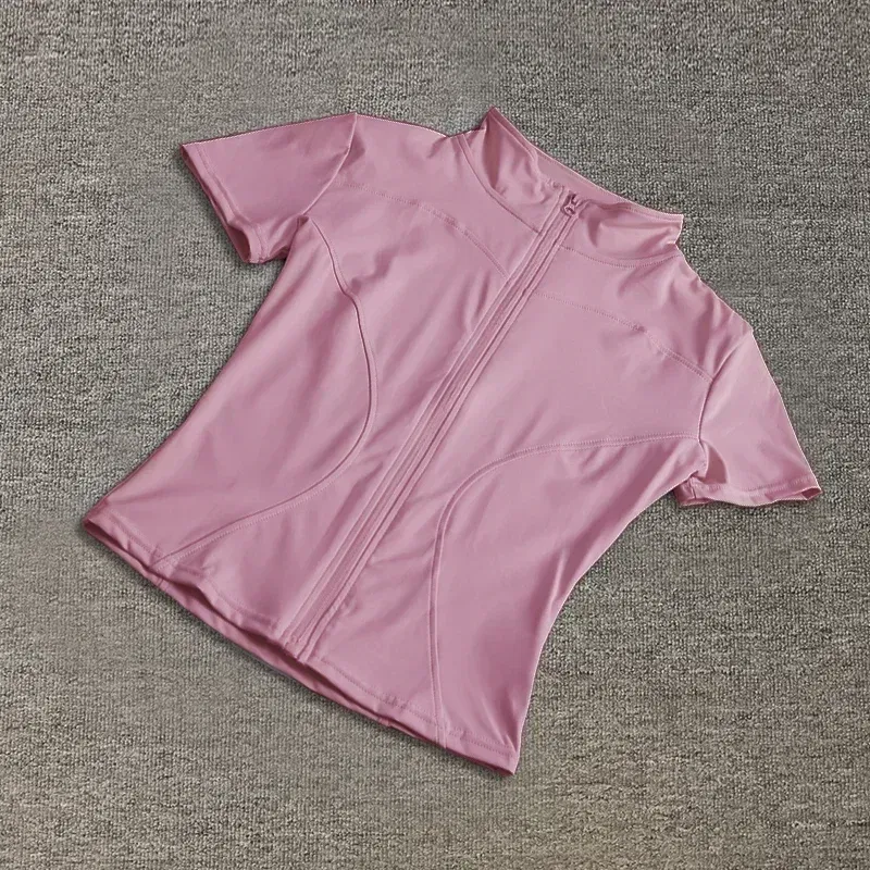 Color: Chocolate, Size: M - Summer High Quality Waist Slimming Training Tops Women's Quick-drying Tight Stand Collar Full Zipper Short Sleeves Yoga shirts