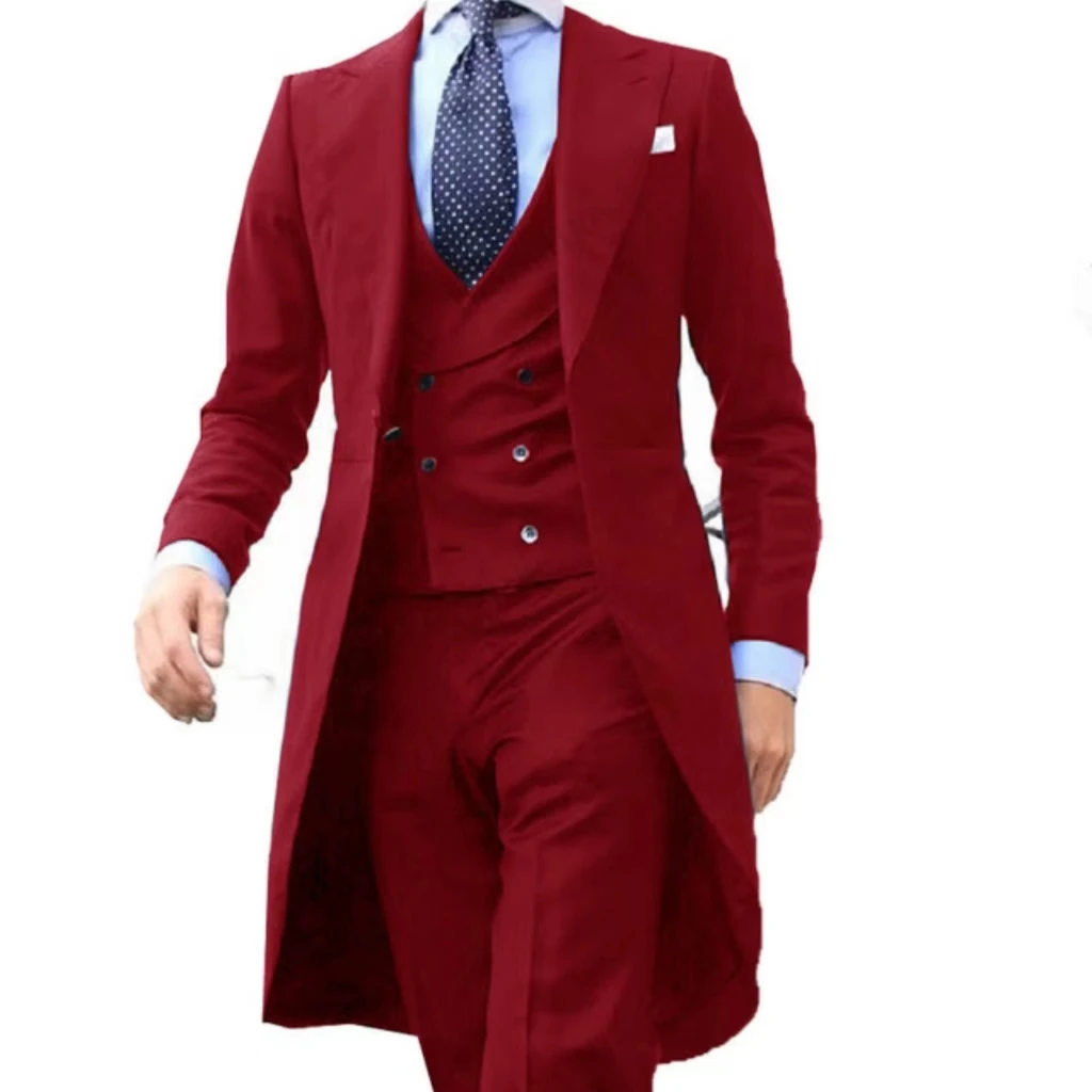 Color: Red, Size: XXS - Elegant man suit Slim Fit Suit Luxury Formal Tuxedos Wedding 3 Pieces Blazer Vest Pants Set Long Tail Coat One Button Custom