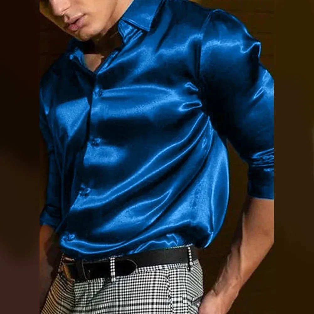 Color: black, Size: XXL, Ships From: CHINA - Casual Men's Satin Silk Dress Shirts Long Sleeve Social Single Breasted Button Turn-Down Collar Shirts Wedding Party Men Clothes