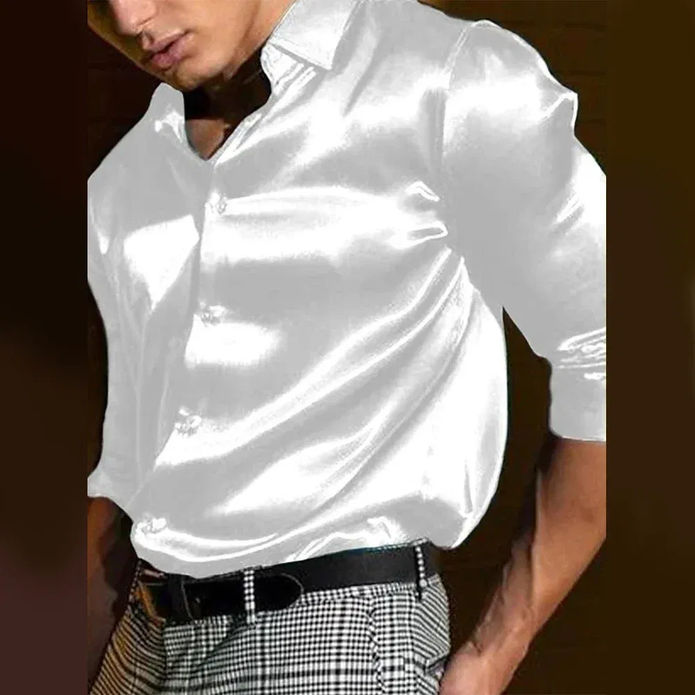 Color: black, Size: XXL, Ships From: CHINA - Casual Men's Satin Silk Dress Shirts Long Sleeve Social Single Breasted Button Turn-Down Collar Shirts Wedding Party Men Clothes