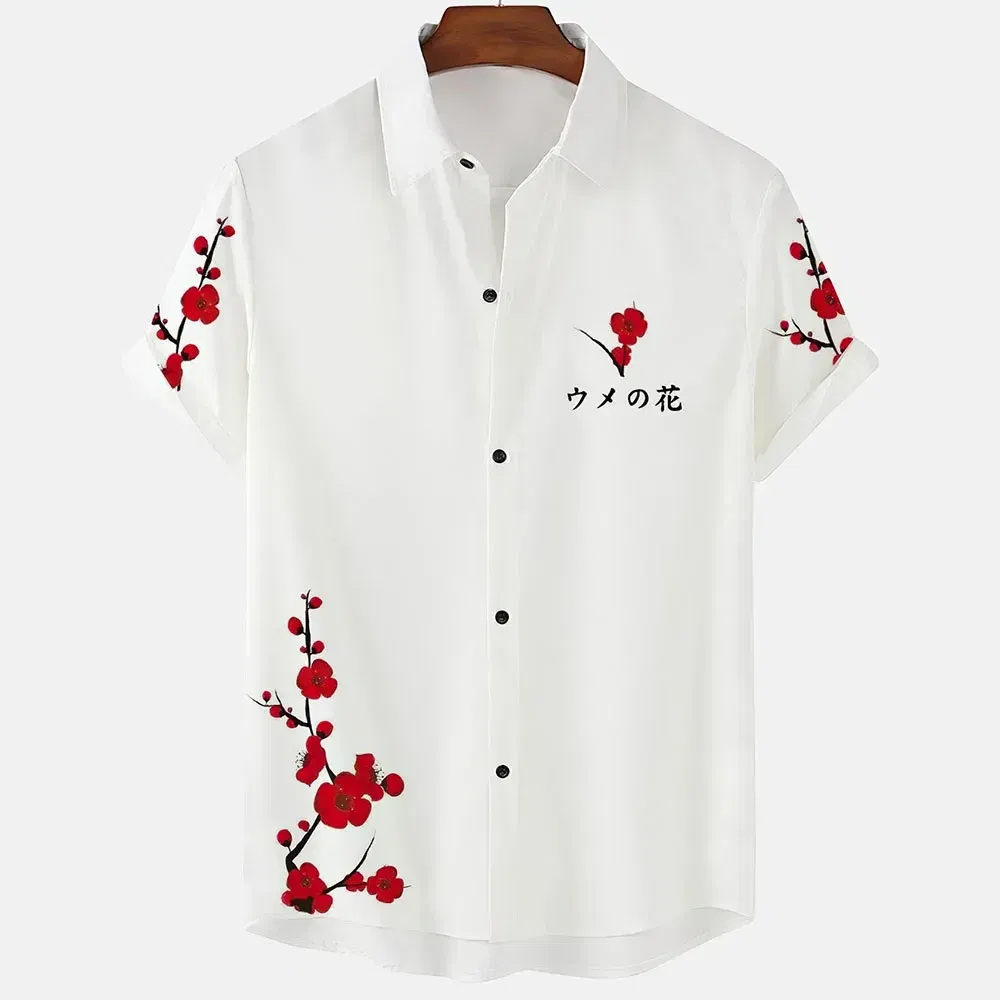 Color: GRAY, Size: XXXL - Fashionable Luxury Social men's Shirt Lapel button-down Shirt Casual Japanese Aesthetic Cherry Blossom Print short-sleeved Tops