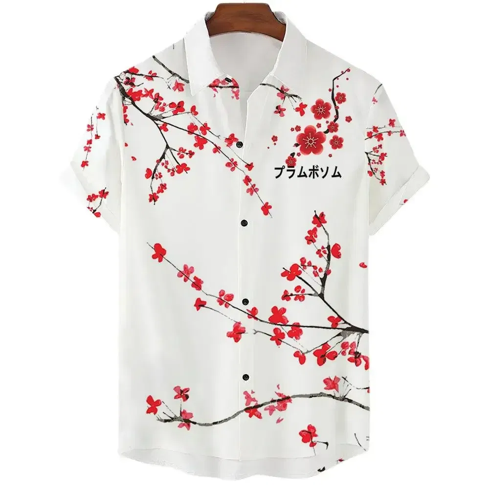 Color: GRAY, Size: XXXL - Fashionable Luxury Social men's Shirt Lapel button-down Shirt Casual Japanese Aesthetic Cherry Blossom Print short-sleeved Tops