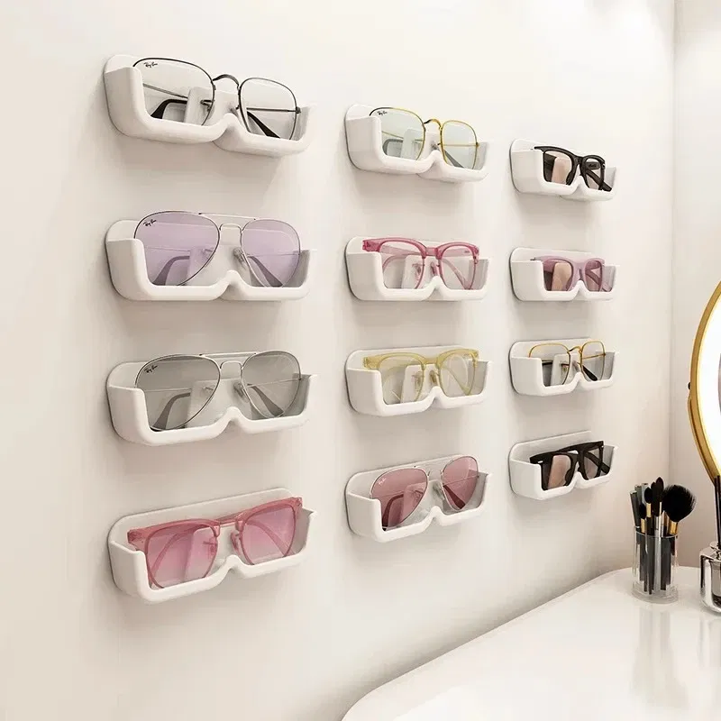Color: Blue - Glasses Display Cabinet Sunglasses Storage Box Wall Mounted Perforated Free Sunglasses Storage Glasses Rack Home Tidying